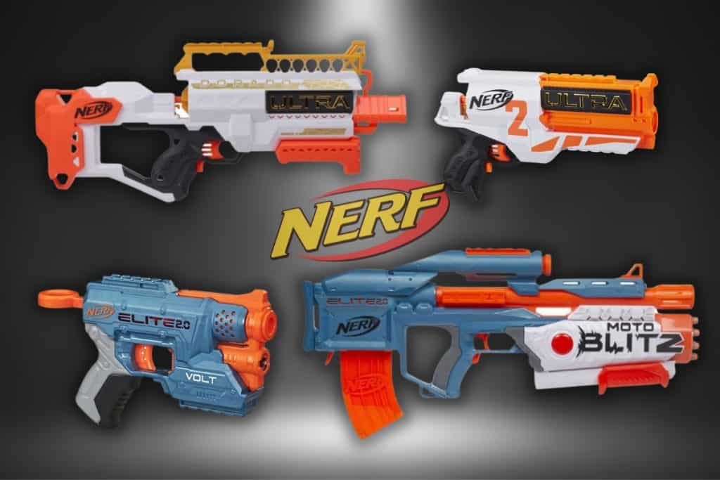 Fire forskellige NERF-våben mod en sort baggrund og NERF-logo